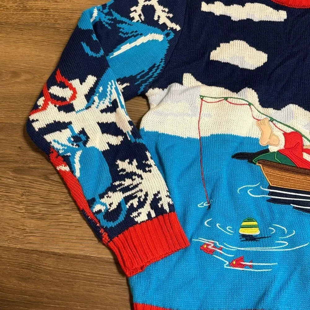 Blizzard Bay Santa Claus Fishing Mens Christmas Sweater Size Medium Xmas Ugly